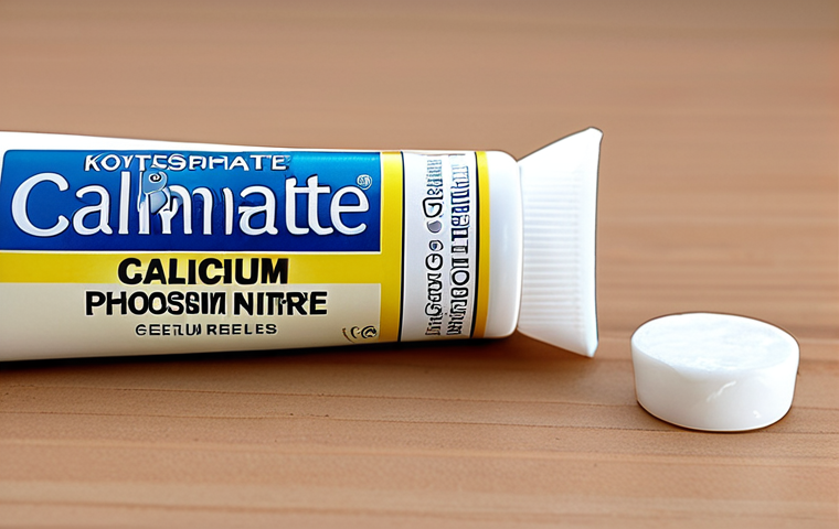 **
Close-up shot of toothpaste tubes and ingredients like calcium phosphate, potassium nitrate. Focus on gentle textures and "low irritation" labels. Soft lighting, suggesting sensitivity relief.
**