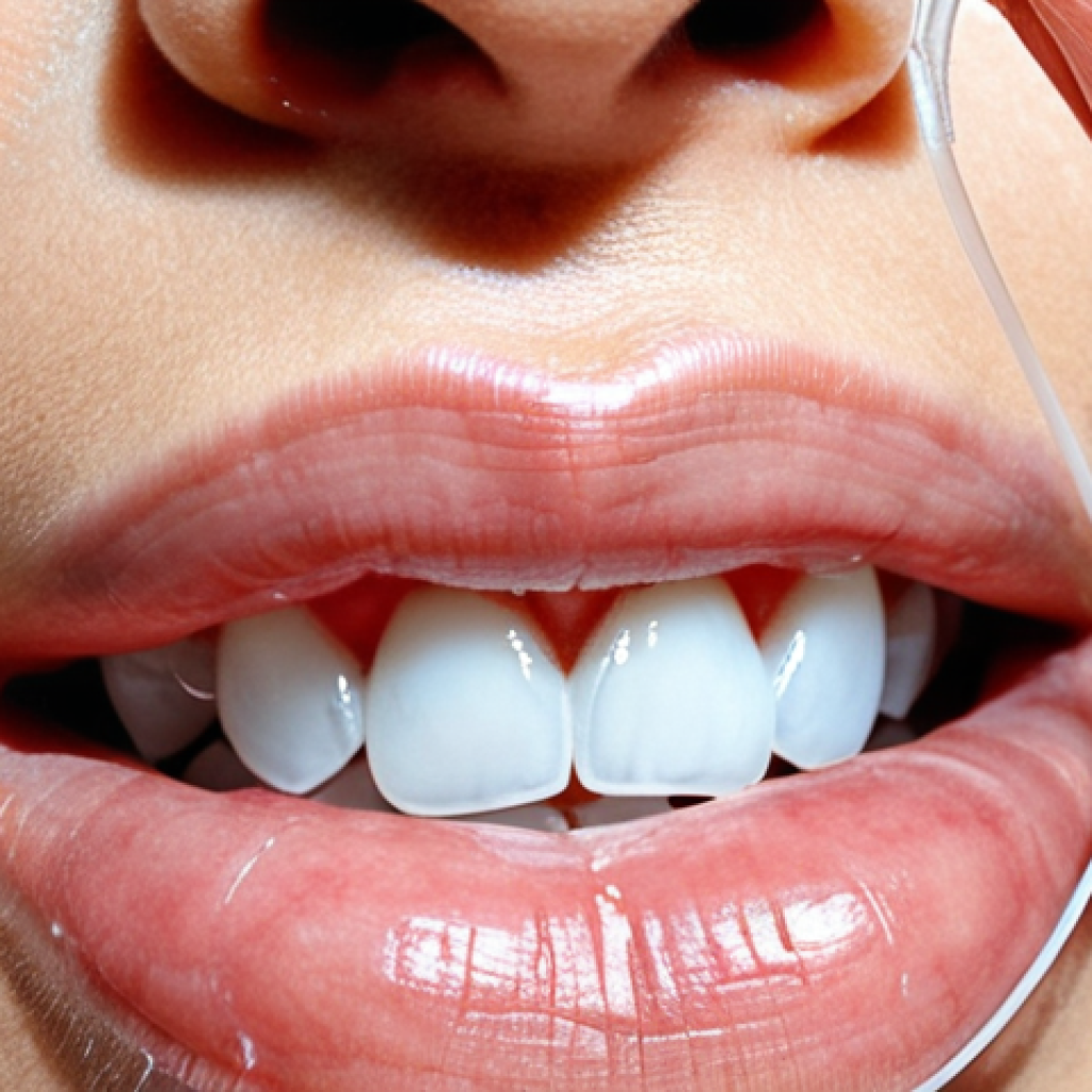 A vivid close-up of dental floss in action, gently sweeping between teeth and along the gumline. The image should highlight the removal of invisible plaque and bacteria from hard-to-reach areas, emphasizing thorough cleaning and the critical role of flossing in maintaining pristine oral health. The setting is clean and hygienic, possibly a slightly magnified view to show detail.