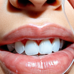 A vivid close-up of dental floss in action, gently sweeping between teeth and along the gumline. The image should highlight the removal of invisible plaque and bacteria from hard-to-reach areas, emphasizing thorough cleaning and the critical role of flossing in maintaining pristine oral health. The setting is clean and hygienic, possibly a slightly magnified view to show detail.