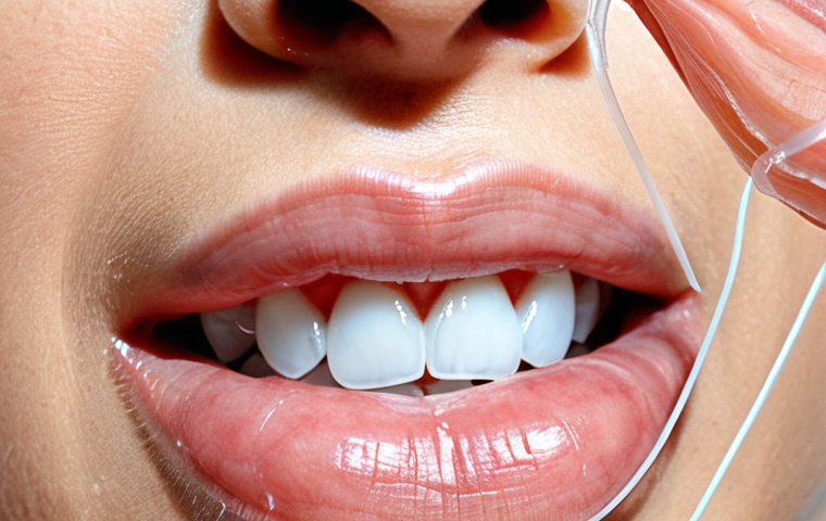 A vivid close-up of dental floss in action, gently sweeping between teeth and along the gumline. The image should highlight the removal of invisible plaque and bacteria from hard-to-reach areas, emphasizing thorough cleaning and the critical role of flossing in maintaining pristine oral health. The setting is clean and hygienic, possibly a slightly magnified view to show detail.