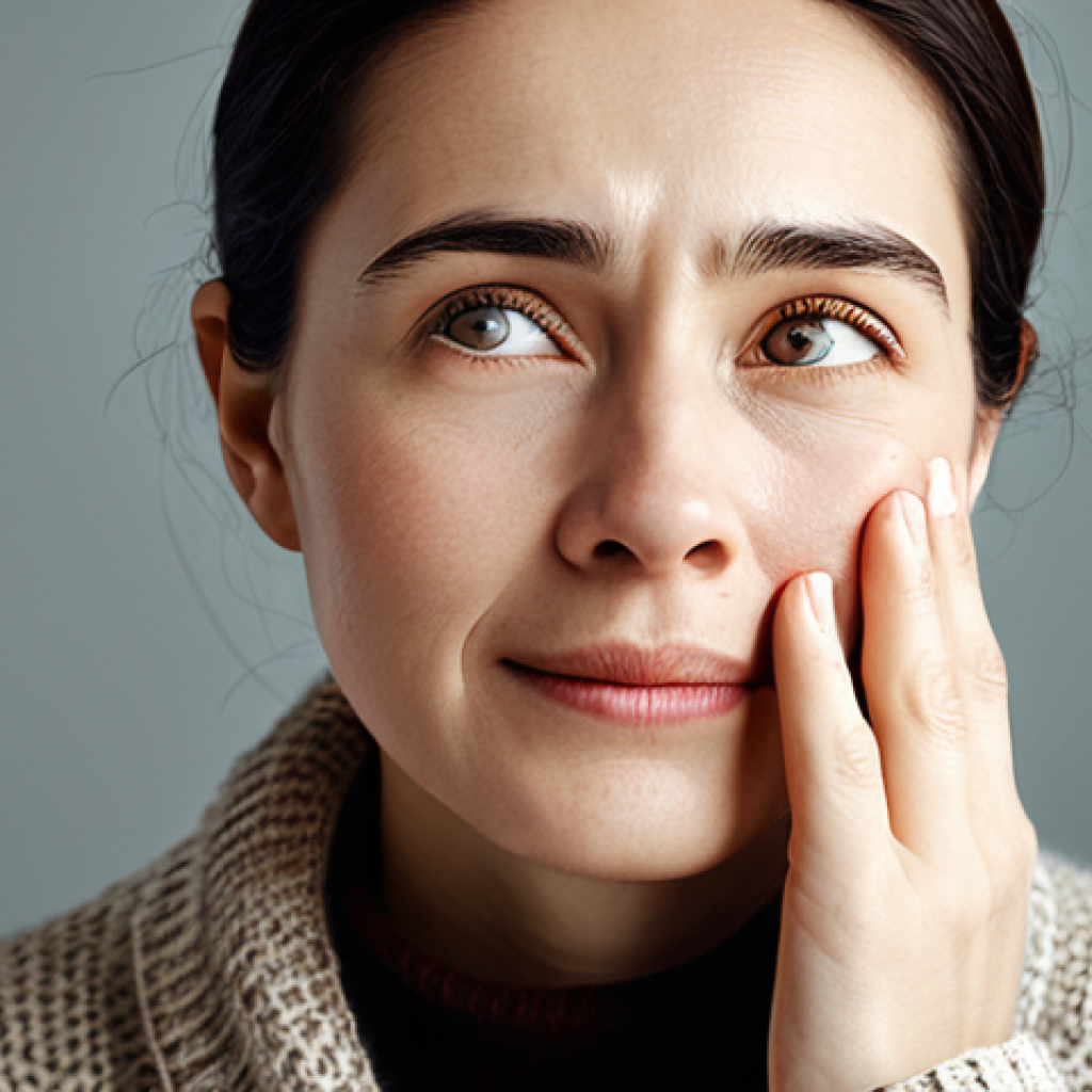 Gentle Jaw Massage**
"A woman with kind eyes gently massaging her jaw with her fingertips, demonstrating a self-care technique, soft lighting, peaceful atmosphere, fully clothed in a comfortable sweater, safe for work, appropriate content, modest clothing, perfect anatomy, natural proportions, professional."
**