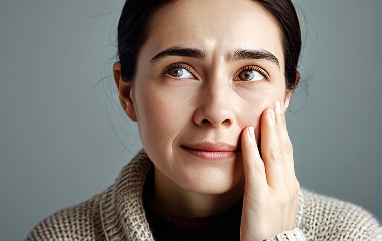 Gentle Jaw Massage**

"A woman with kind eyes gently massaging her jaw with her fingertips, demonstrating a self-care technique, soft lighting, peaceful atmosphere, fully clothed in a comfortable sweater, safe for work, appropriate content, modest clothing, perfect anatomy, natural proportions, professional."

**
