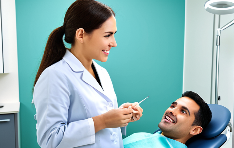 임플란트 수술 시 마취 방법 - **Prompt:** A dentist explaining implant anesthesia options to a fully clothed patient in a modern d...