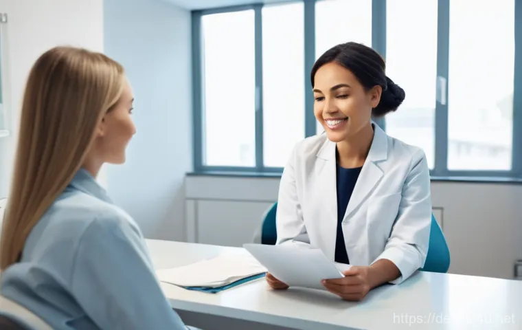 치과에서 시행하는 구강검진 항목 - **Prompt for Initial Consultation:**
A warm and inviting modern dental office interior. A friend...