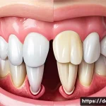 치주염과 치은염의 차이점 - **A medical illustration comparing three stages of gum health.** On the left, a healthy gum section ...