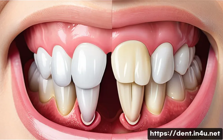 치주염과 치은염의 차이점 - **A medical illustration comparing three stages of gum health.** On the left, a healthy gum section ...