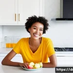 치아 부식 예방을 위한 생활 팁 - **Prompt:** A vibrant, well-lit image of a smiling, healthy-looking young woman, approximately in he...