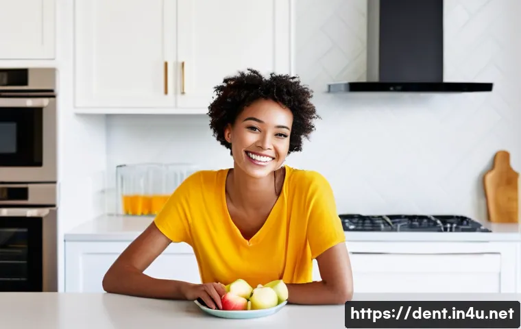 치아 부식 예방을 위한 생활 팁 - **Prompt:** A vibrant, well-lit image of a smiling, healthy-looking young woman, approximately in he...